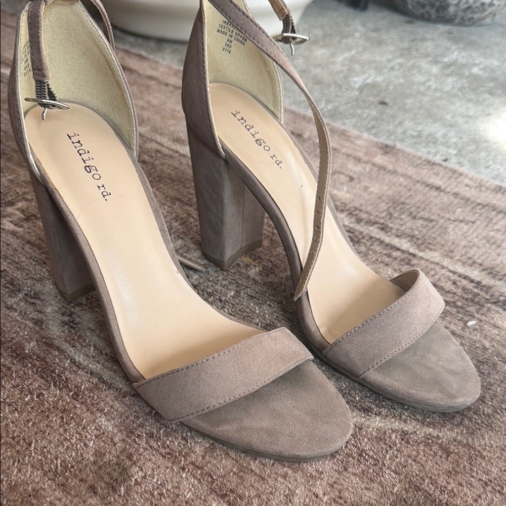 Indigo Taupe gray Suede Ankle-Strap Block Heels 8